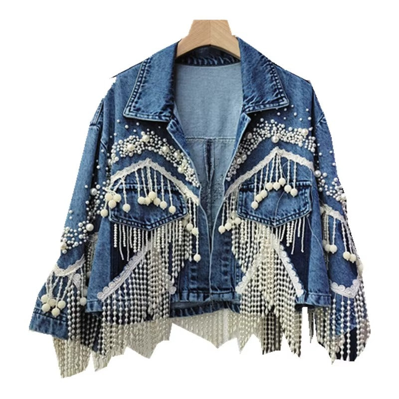 Wholesale spring new Korean denim coat – pearl tassel, short loose, versatile, personalized