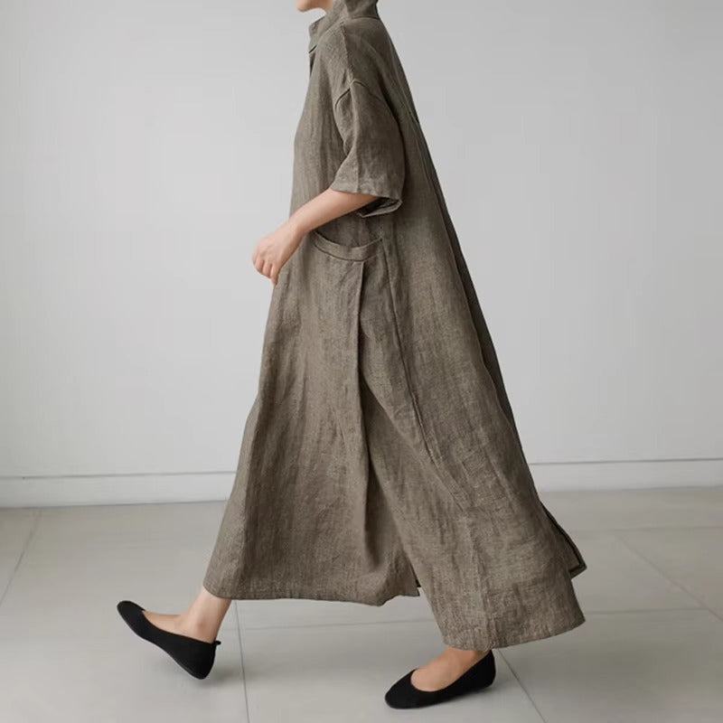 2025 spring-summer wholesale loose plus size dress – cotton and linen, big pocket, long A-line