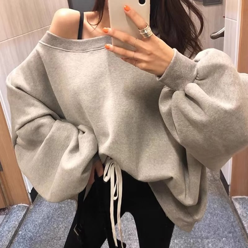 Boutique wholesale autumn French women's hoodie – irregular slanted collar, off-shoulder, loose, long sleeved