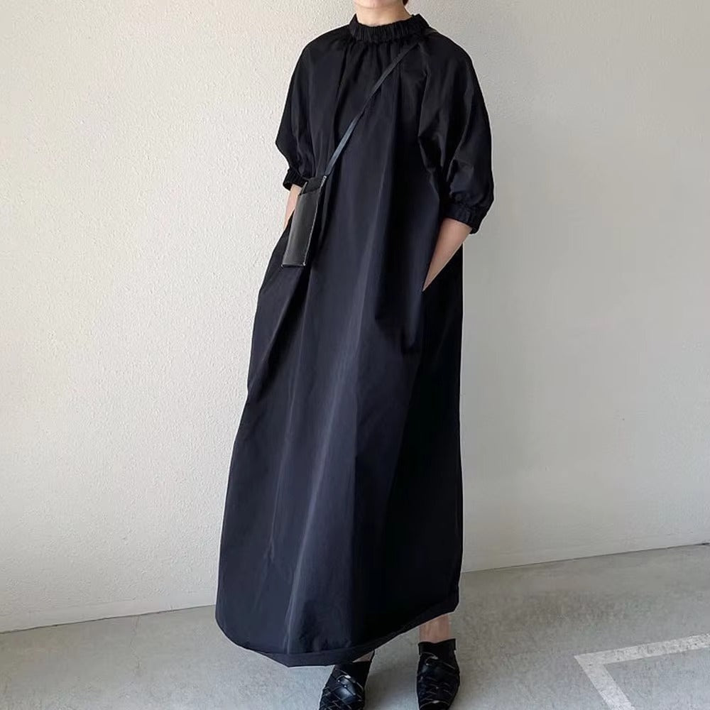 Wholesale summer casual loose temperament dress – puff sleeves, solid color, back zipper, mid-length A-line