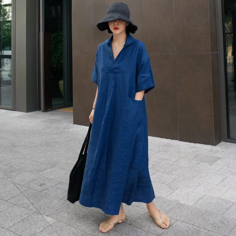 2025 spring-summer wholesale loose plus size dress – cotton and linen, big pocket, long A-line