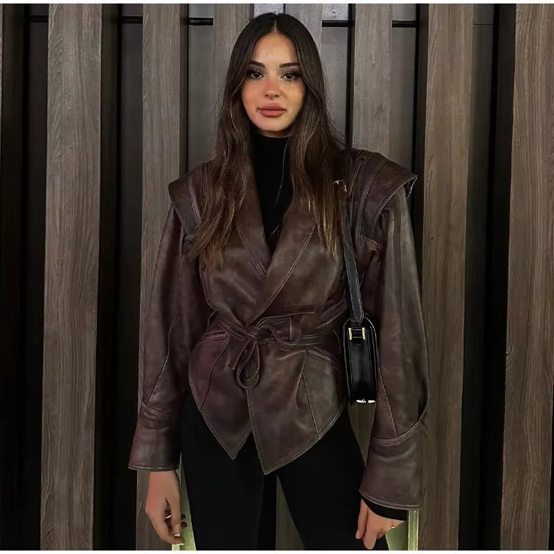 Boutique wholesale 2024 autumn women's faux leather jacket – fashion, elegant, V-neck, slim, spliced, solid color