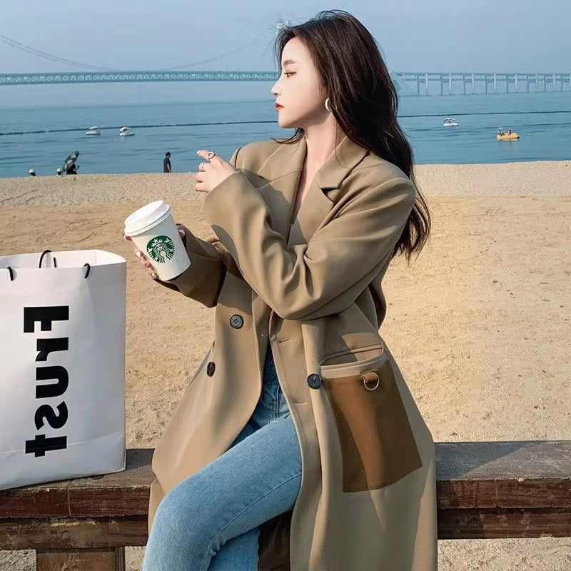 Wholesale autumn trench coat – atmospheric Korean, loose mid-length, contrast color, popular temperament