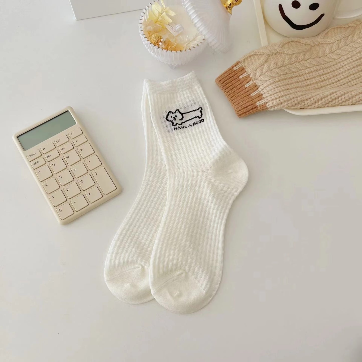 Summer thin mesh socks – women's, white, puppy design, mid-tube