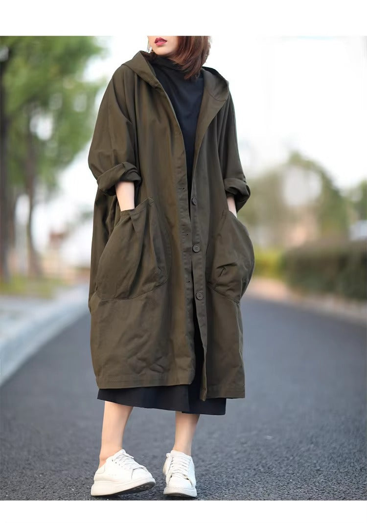 2022 new plus-size women's windbreaker – solid color cotton, casual, pocketed, hooded, versatile