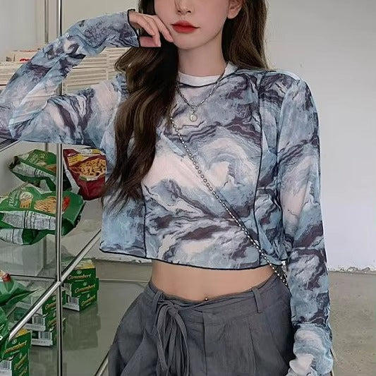 Boutique wholesale summer women's T-shirt – tie-dyed, round neck, sun protection, long-sleeved