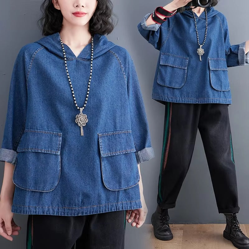 Boutique wholesale autumn new denim hoodie – fashionable loose, retro washed, drawstring, women's