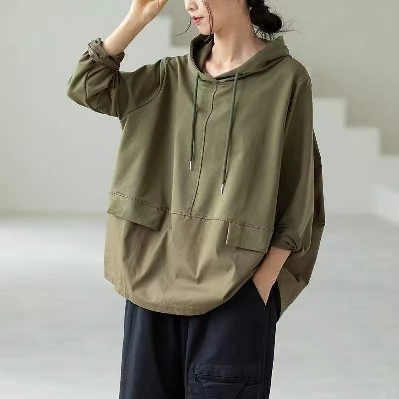 Boutique wholesale spring new women's sweatshirts – literary, large size, long sleeved, hooded, loose, versatile