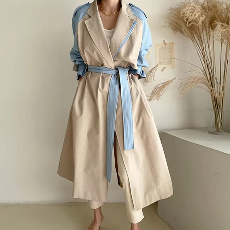 Wholesale autumn windbreaker – Korean chic, French retro, lapel, contrast color, tie waist, long