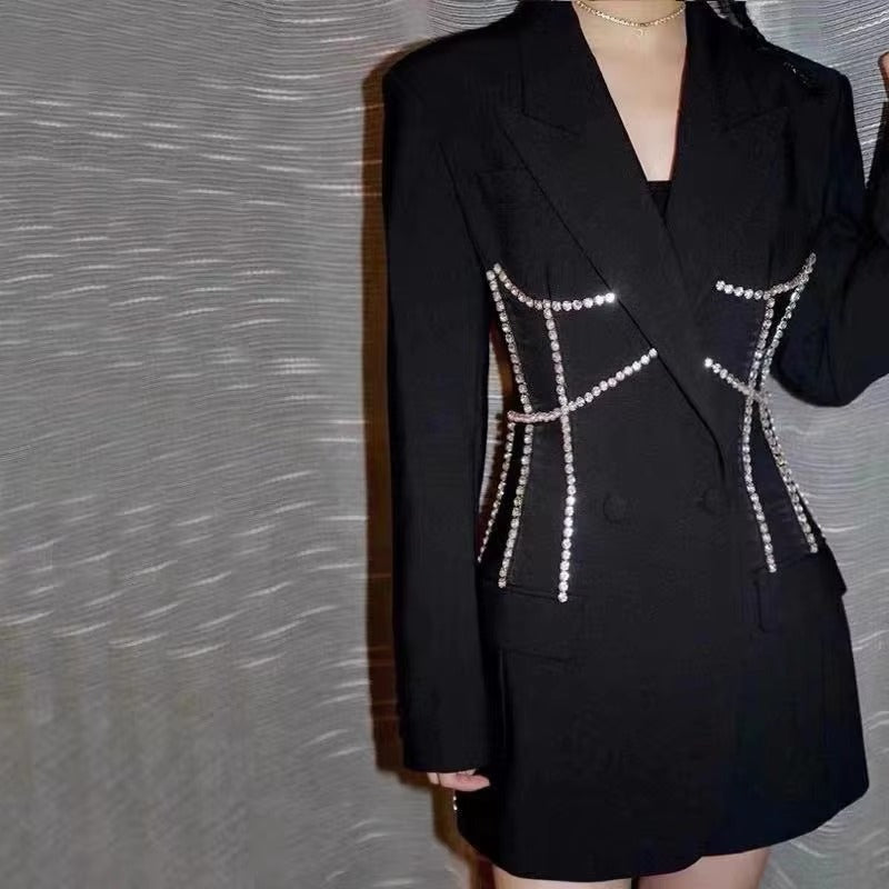 Wholesale spring women's suit – light luxury, rhinestone jacket, mid-length, waist-accented, fashionable