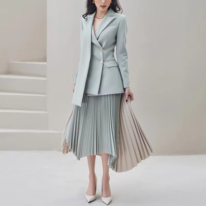 Wholesale new grey-blue suit – double-breasted jacket, spliced irregular pleated skirt, spring-autumn fashion