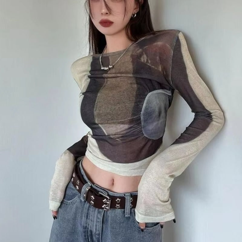 Boutique wholesale spring women's T-shirt – long-sleeved, sunscreen, contrast color, round neck, slim, mesh