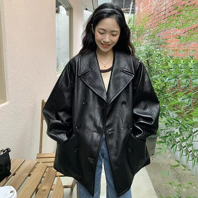 Wholesale autumn leather jacket – retro, double-breasted, loose, double-pocket, motorcycle style