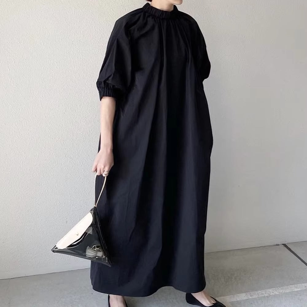 Wholesale summer casual loose temperament dress – puff sleeves, solid color, back zipper, mid-length A-line