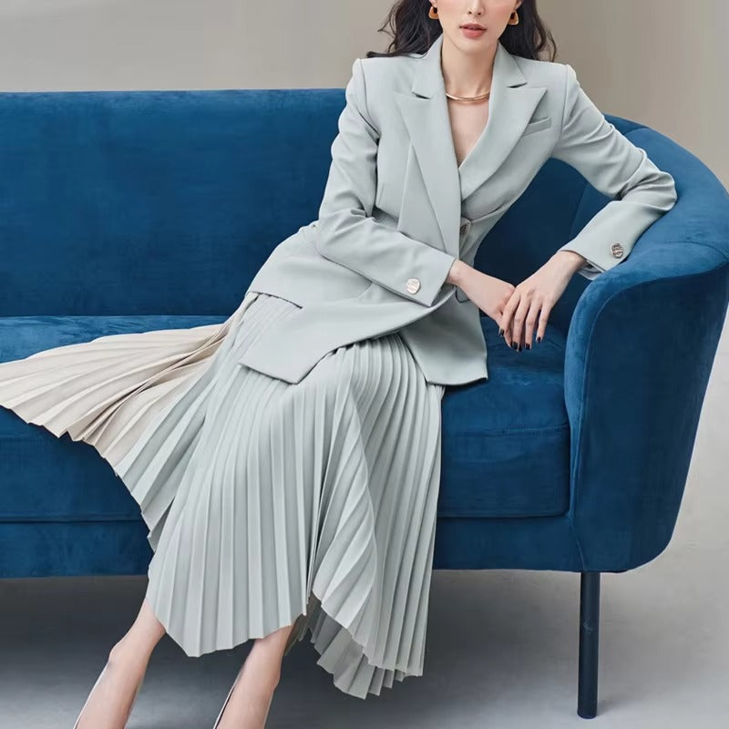 Wholesale new grey-blue suit – double-breasted jacket, spliced irregular pleated skirt, spring-autumn fashion
