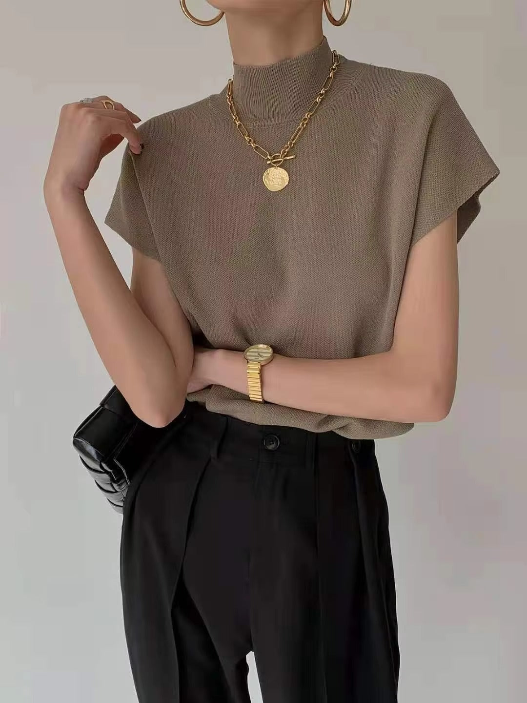 Short-sleeved women's T-shirt – spring-summer, half turtleneck, knitted, loose, vest style