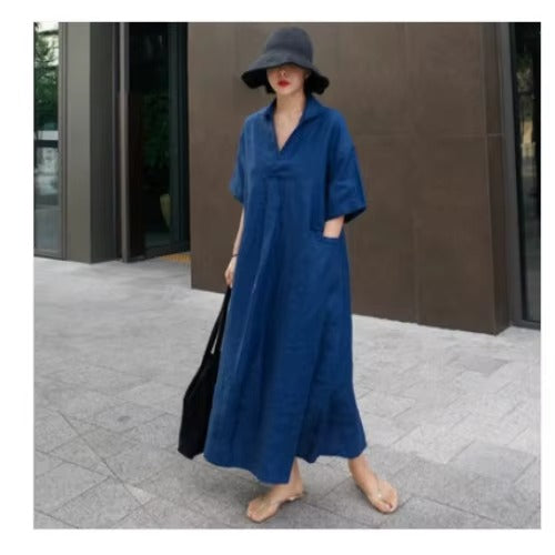 2025 spring-summer wholesale loose plus size dress – cotton and linen, big pocket, long A-line