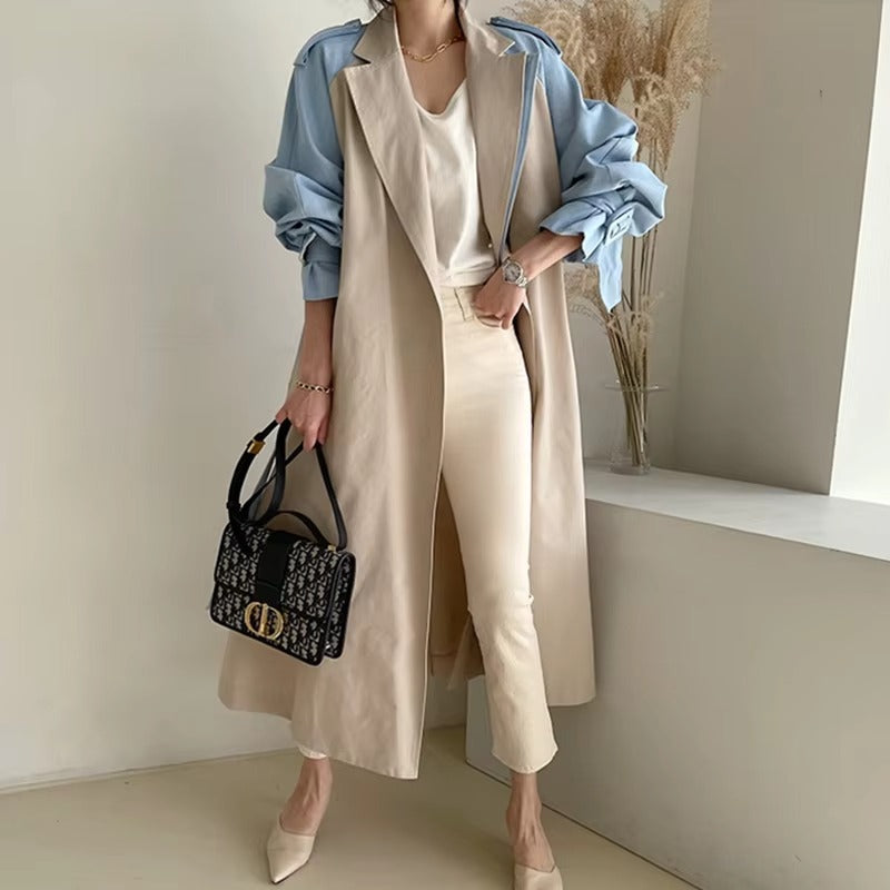 Wholesale autumn windbreaker – Korean chic, French retro, lapel, contrast color, tie waist, long