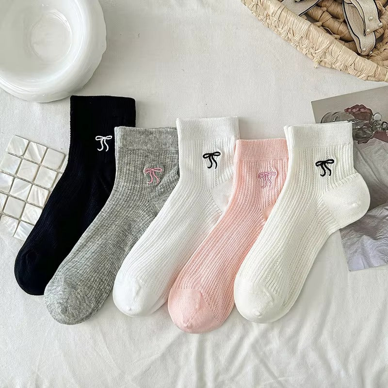 Women's cotton socks – bow embroidery, short tube, mesh, ballet style