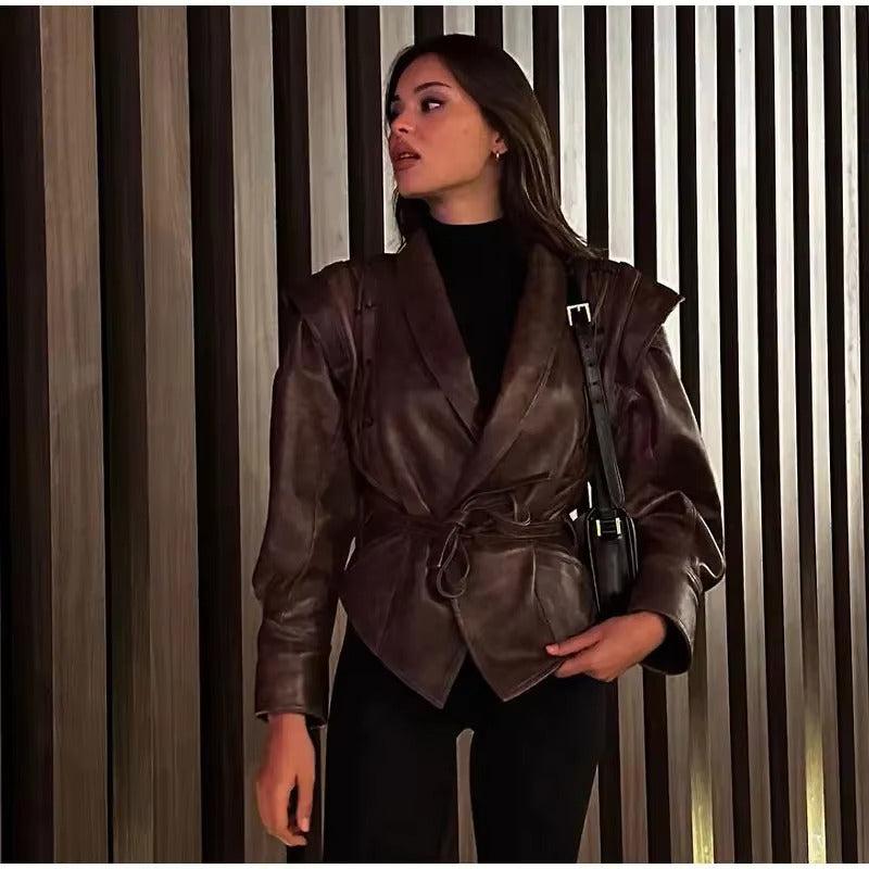 Boutique wholesale 2024 autumn women's faux leather jacket – fashion, elegant, V-neck, slim, spliced, solid color