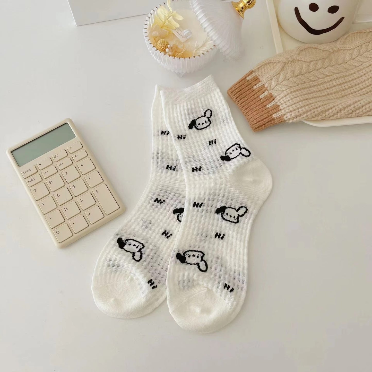 Summer thin mesh socks – women's, white, puppy design, mid-tube