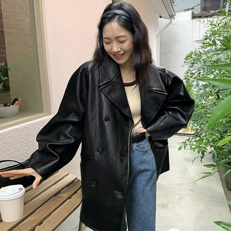 Wholesale autumn leather jacket – retro, double-breasted, loose, double-pocket, motorcycle style