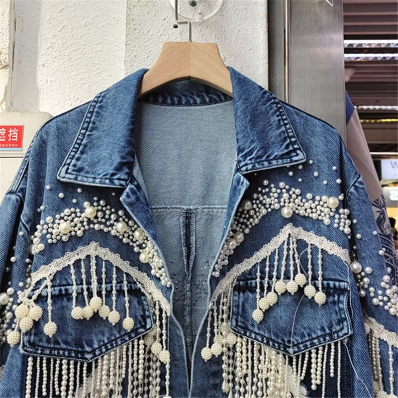 Wholesale spring new Korean denim coat – pearl tassel, short loose, versatile, personalized