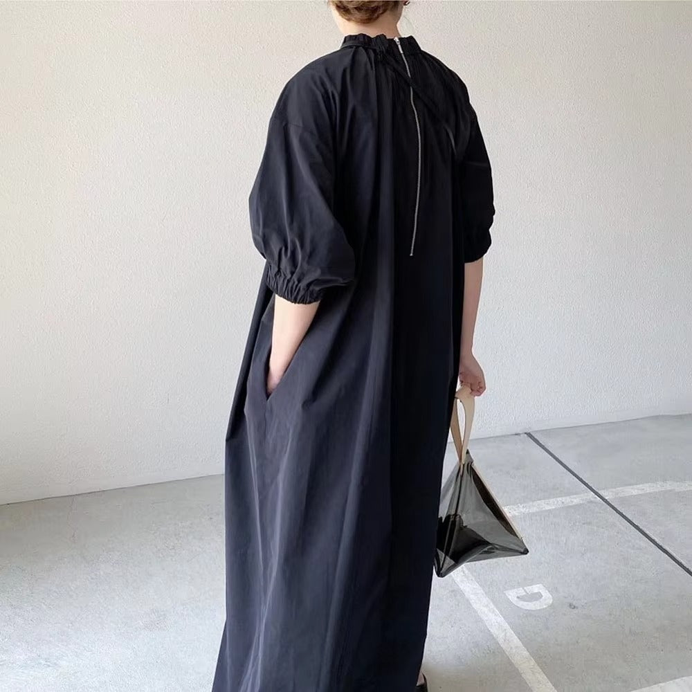 Wholesale summer casual loose temperament dress – puff sleeves, solid color, back zipper, mid-length A-line