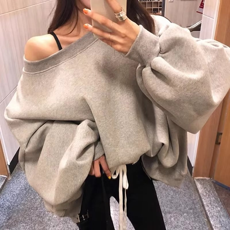Boutique wholesale autumn French women's hoodie – irregular slanted collar, off-shoulder, loose, long sleeved
