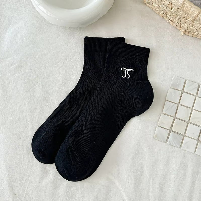 Women's cotton socks – bow embroidery, short tube, mesh, ballet style