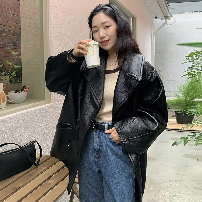 Wholesale autumn leather jacket – retro, double-breasted, loose, double-pocket, motorcycle style