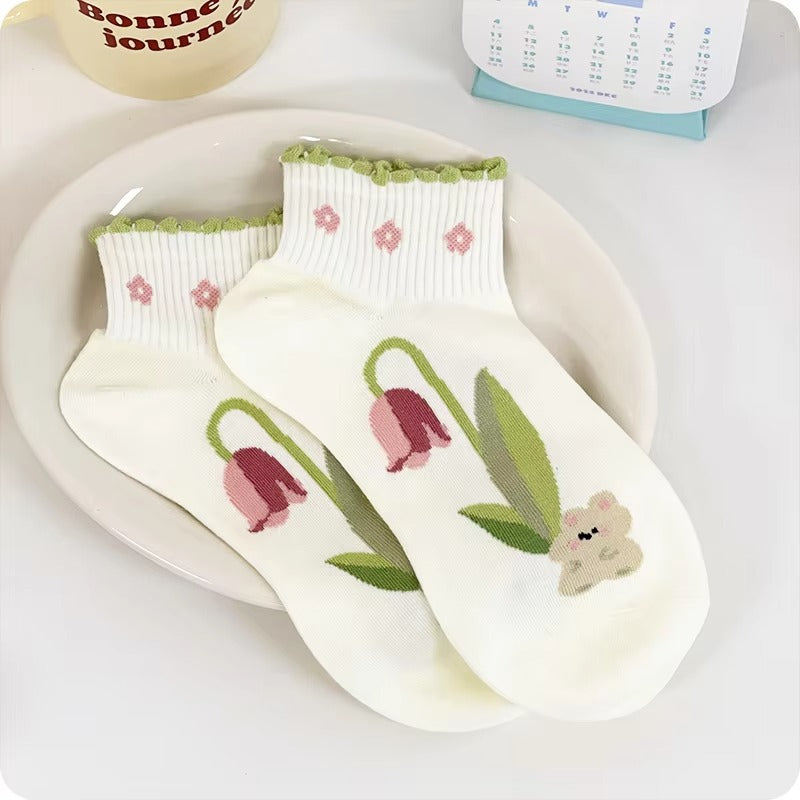 Cute animal cotton socks – women's, cat/dog designs, summer, short, casual, soft, ankle-length
