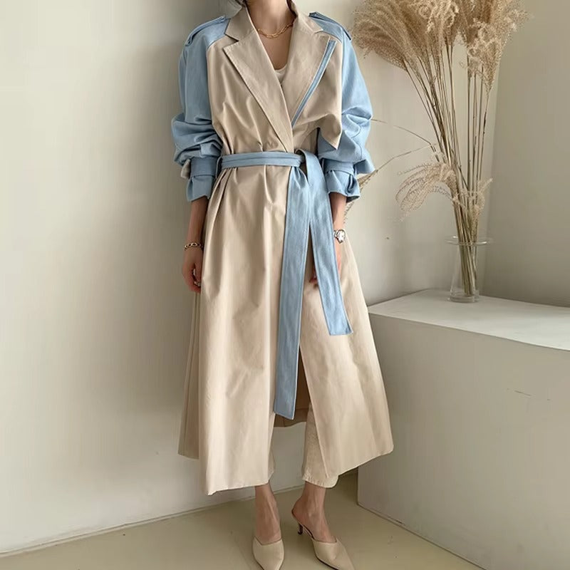 Wholesale autumn windbreaker – Korean chic, French retro, lapel, contrast color, tie waist, long