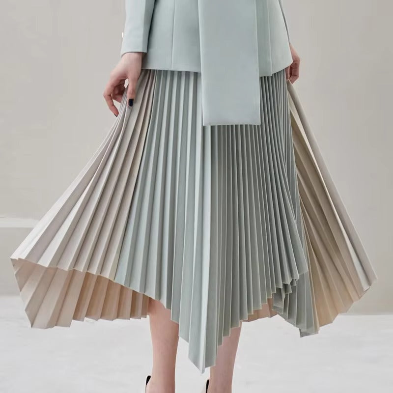 Wholesale new grey-blue suit – double-breasted jacket, spliced irregular pleated skirt, spring-autumn fashion