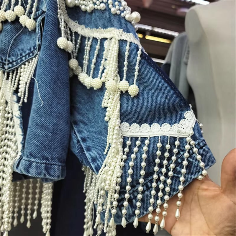 Wholesale spring new Korean denim coat – pearl tassel, short loose, versatile, personalized