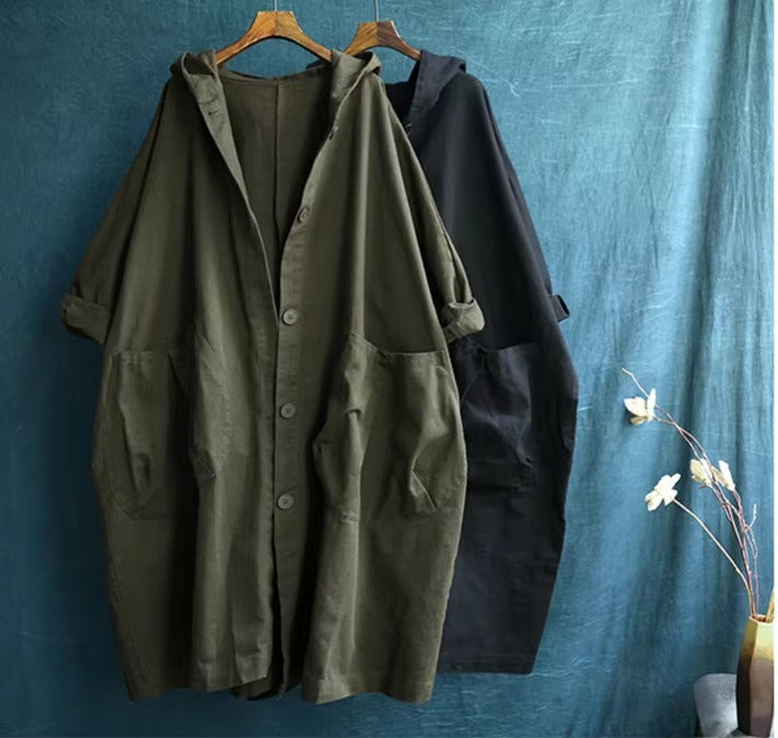 2022 new plus-size women's windbreaker – solid color cotton, casual, pocketed, hooded, versatile
