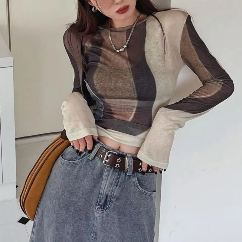 Boutique wholesale spring women's T-shirt – long-sleeved, sunscreen, contrast color, round neck, slim, mesh