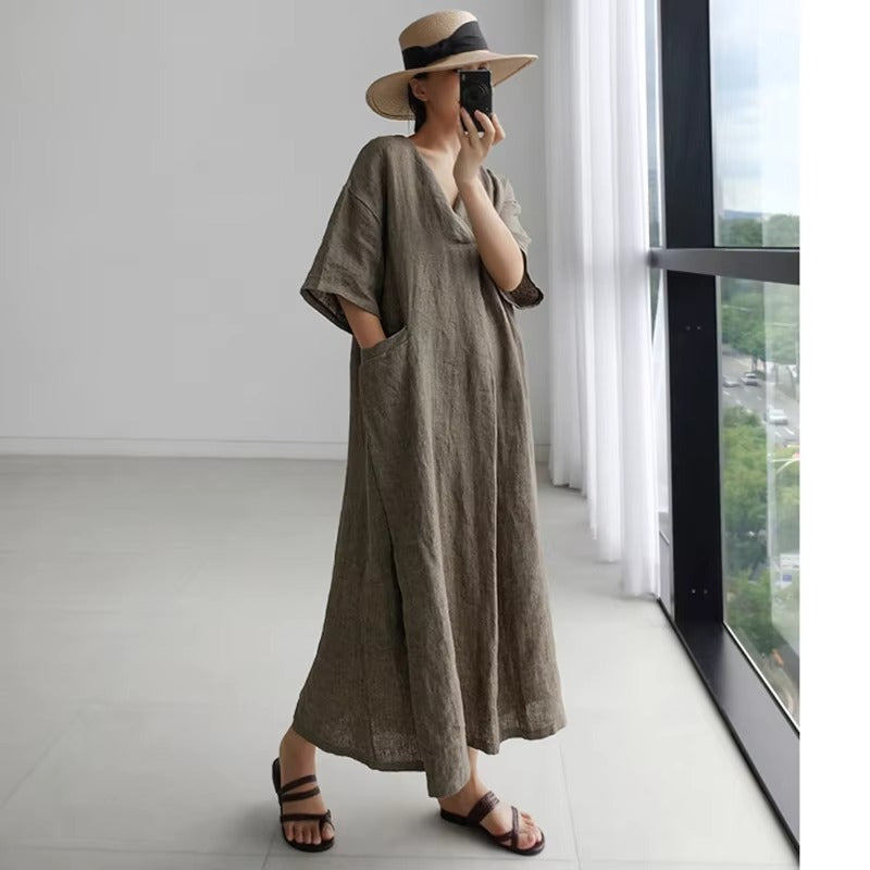 2025 spring-summer wholesale loose plus size dress – cotton and linen, big pocket, long A-line