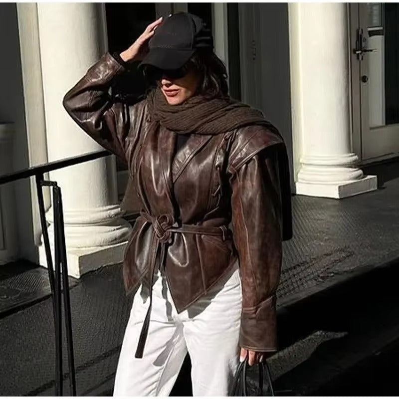 Boutique wholesale 2024 autumn women's faux leather jacket – fashion, elegant, V-neck, slim, spliced, solid color