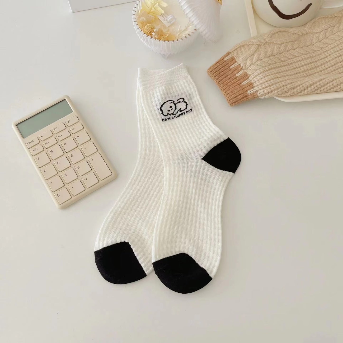 Summer thin mesh socks – women's, white, puppy design, mid-tube