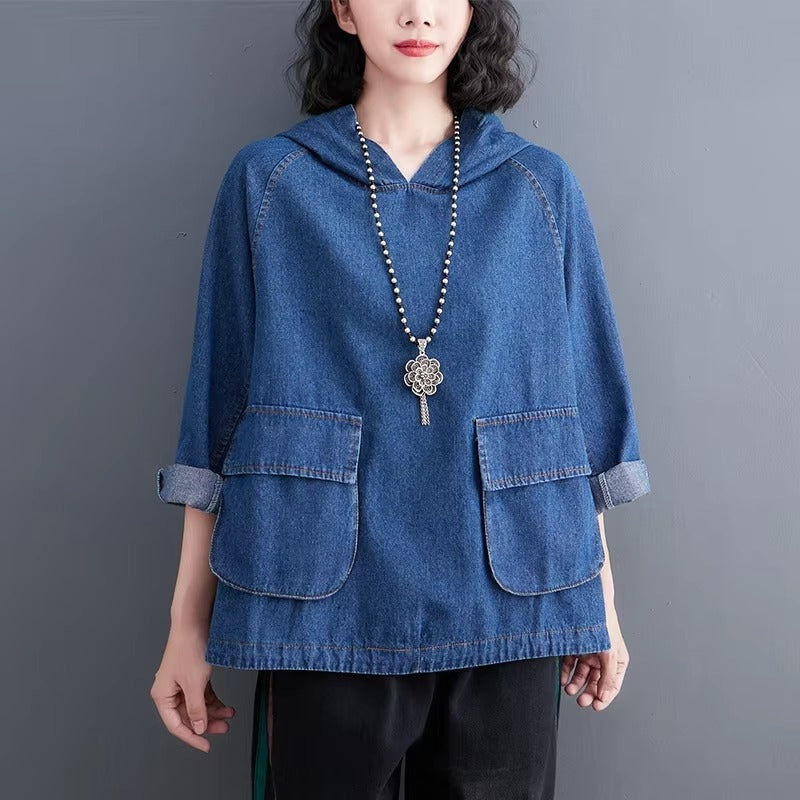 Boutique wholesale autumn new denim hoodie – fashionable loose, retro washed, drawstring, women's