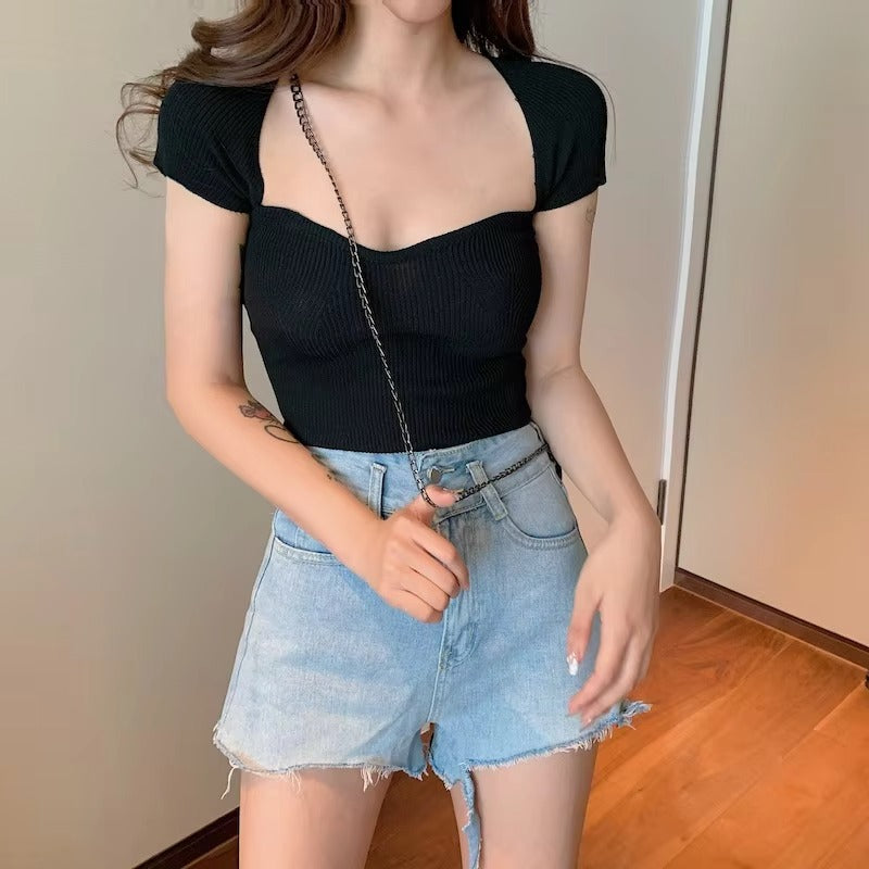 Boutique wholesale summer women's knitted T-shirt – Korean, blossom collar, slim, short-sleeved