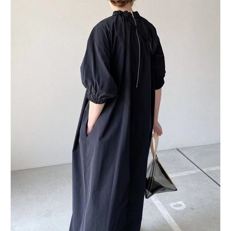 Wholesale summer casual loose temperament dress – puff sleeves, solid color, back zipper, mid-length A-line