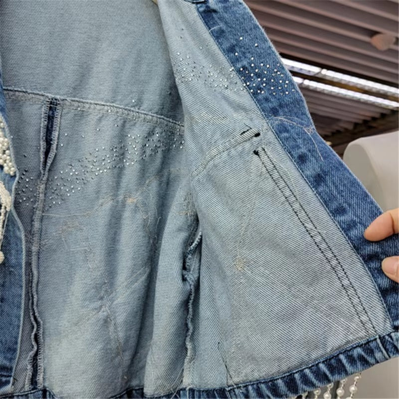 Wholesale spring new Korean denim coat – pearl tassel, short loose, versatile, personalized