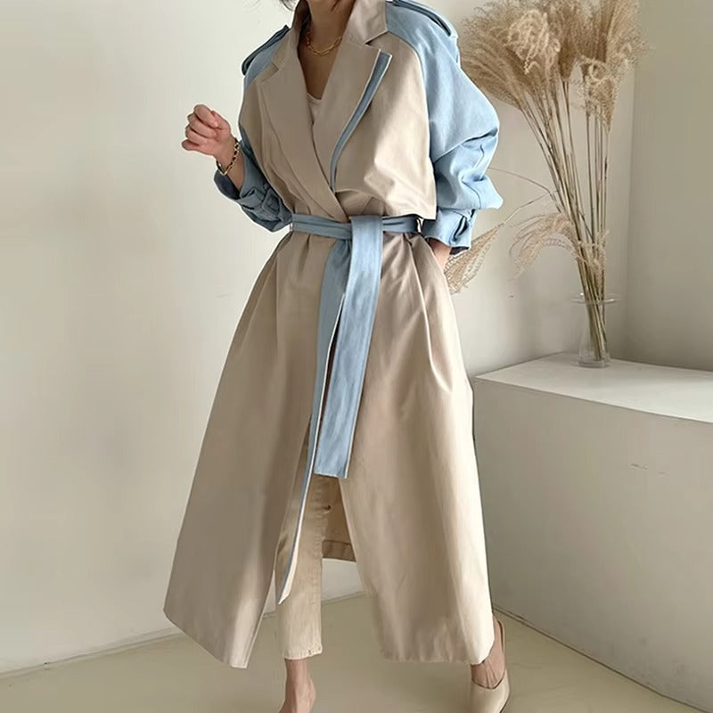 Wholesale autumn windbreaker – Korean chic, French retro, lapel, contrast color, tie waist, long