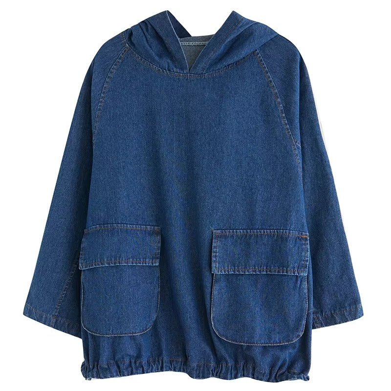 Boutique wholesale autumn new denim hoodie – fashionable loose, retro washed, drawstring, women's
