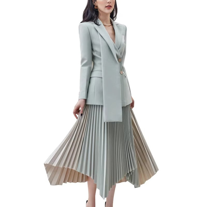 Wholesale new grey-blue suit – double-breasted jacket, spliced irregular pleated skirt, spring-autumn fashion