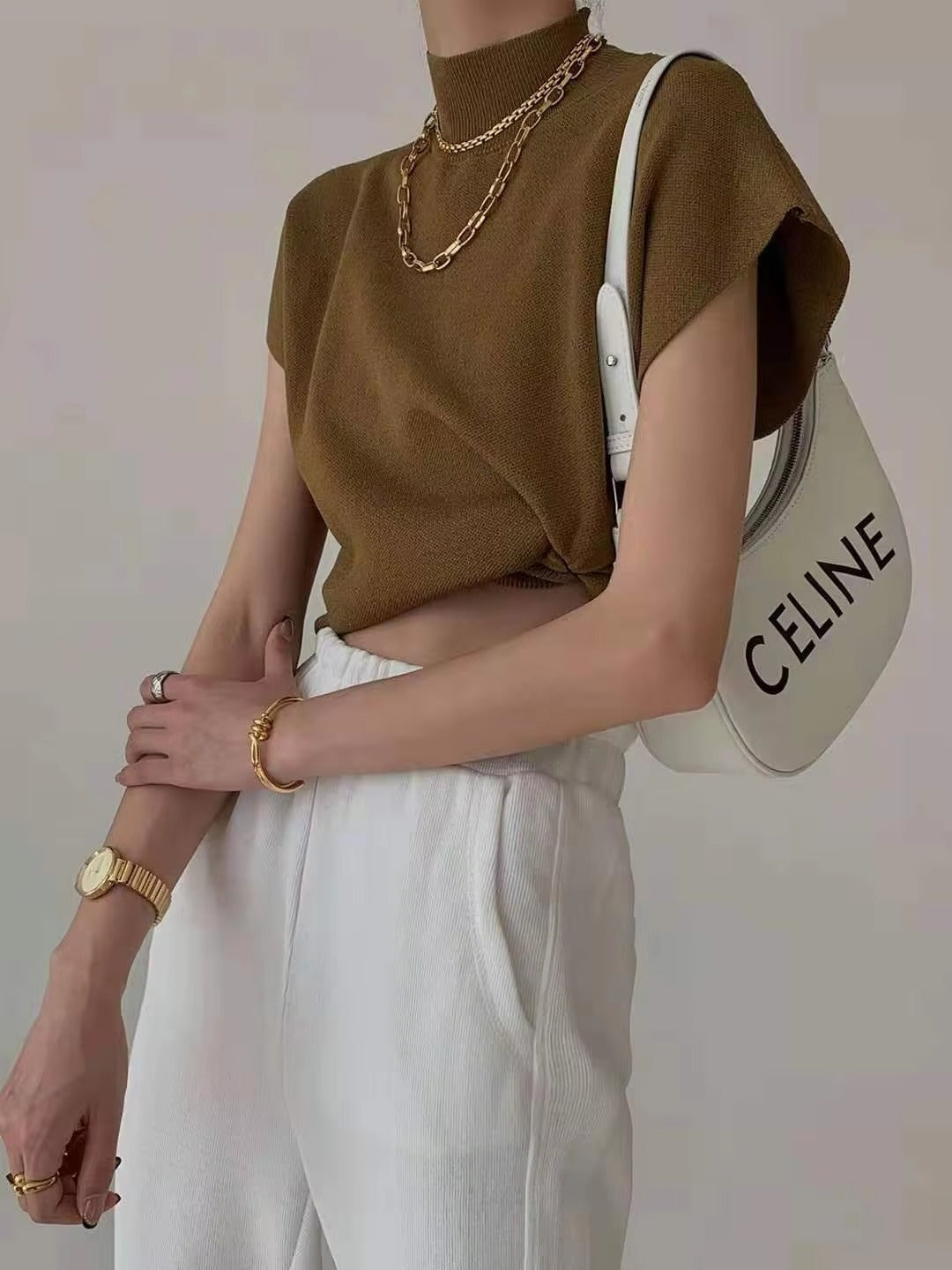 Short-sleeved women's T-shirt – spring-summer, half turtleneck, knitted, loose, vest style