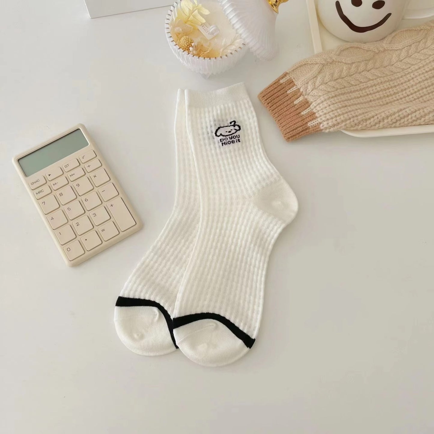 Summer thin mesh socks – women's, white, puppy design, mid-tube