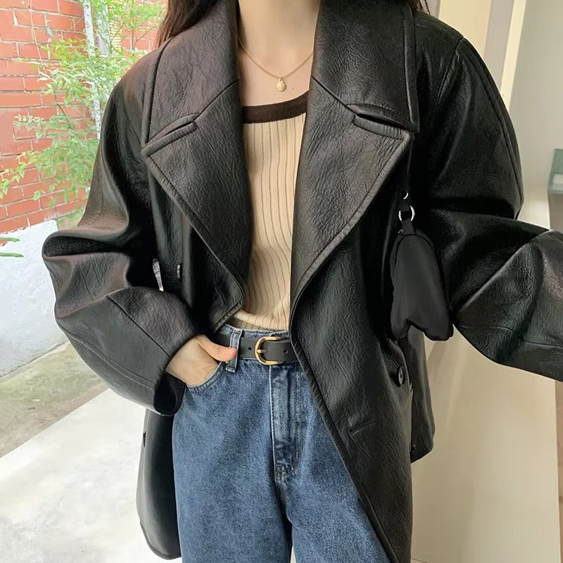 Wholesale autumn leather jacket – retro, double-breasted, loose, double-pocket, motorcycle style